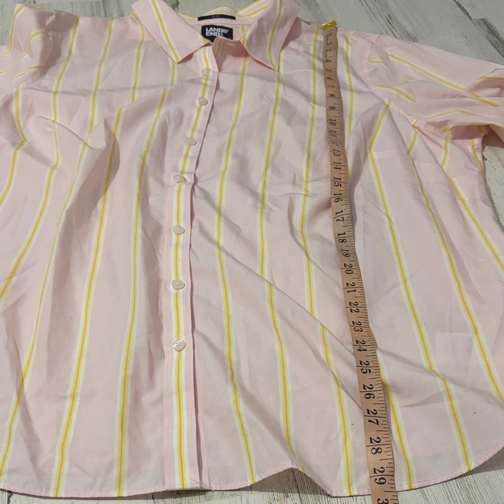 Lands' End Women's No Iron Supima Pink and Yellow Striped Button Down Shirt - Picture 7 of 7